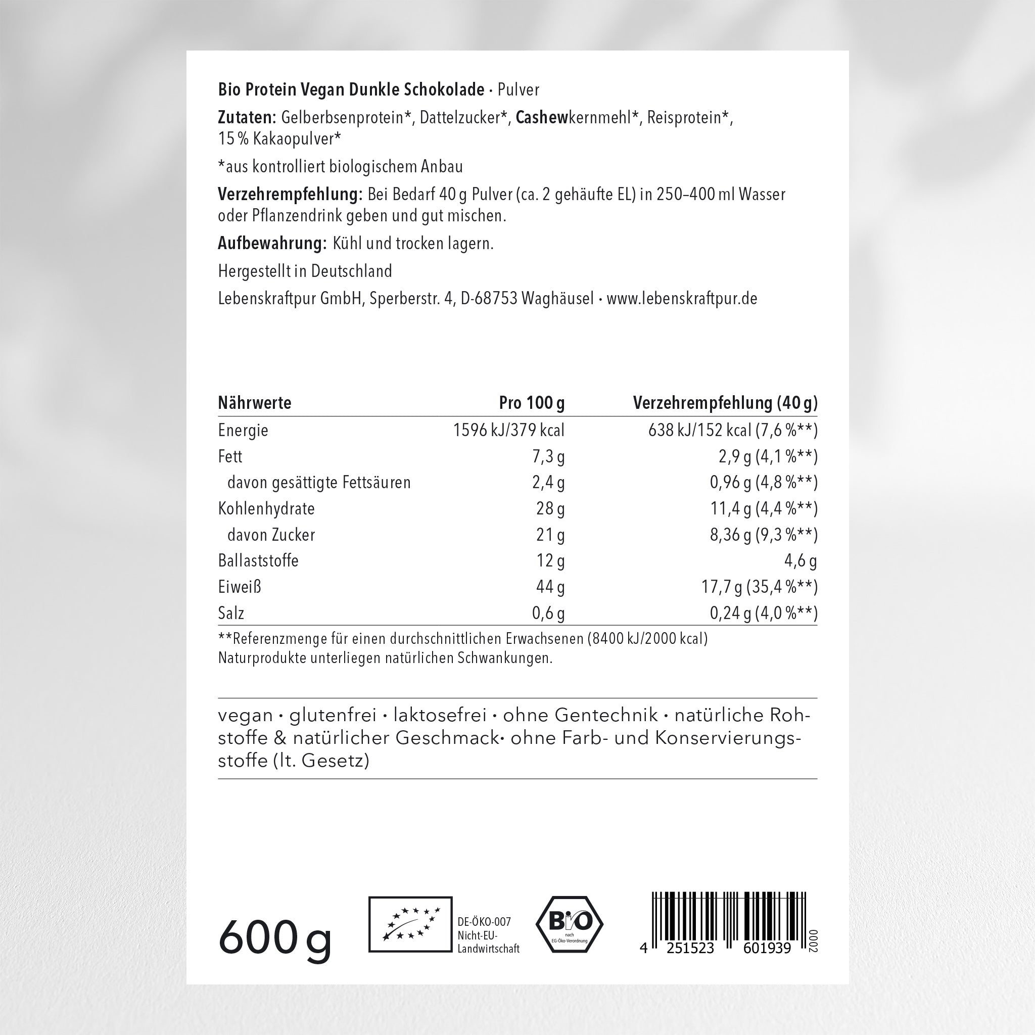 lebenskraftpur-bio-protein-vegan-dunkle-schokolade-pulver-5-zutaten-ber-40-prote image 2
